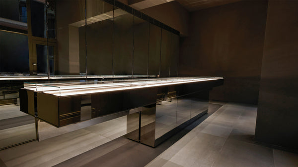 A cantilever inspired display centrepiece at Sarah & Sebastian's new Strand Arcade store in Sydney.