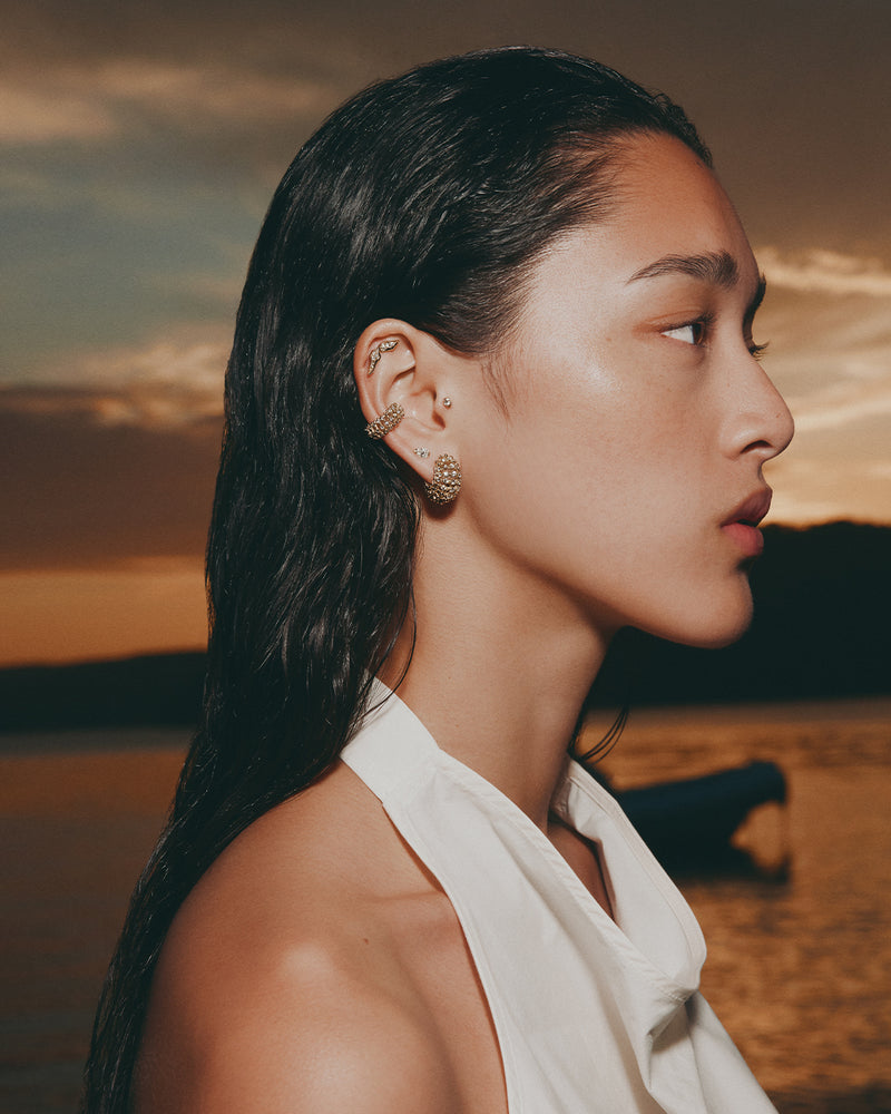 Woman with earrings against a sunset landscape