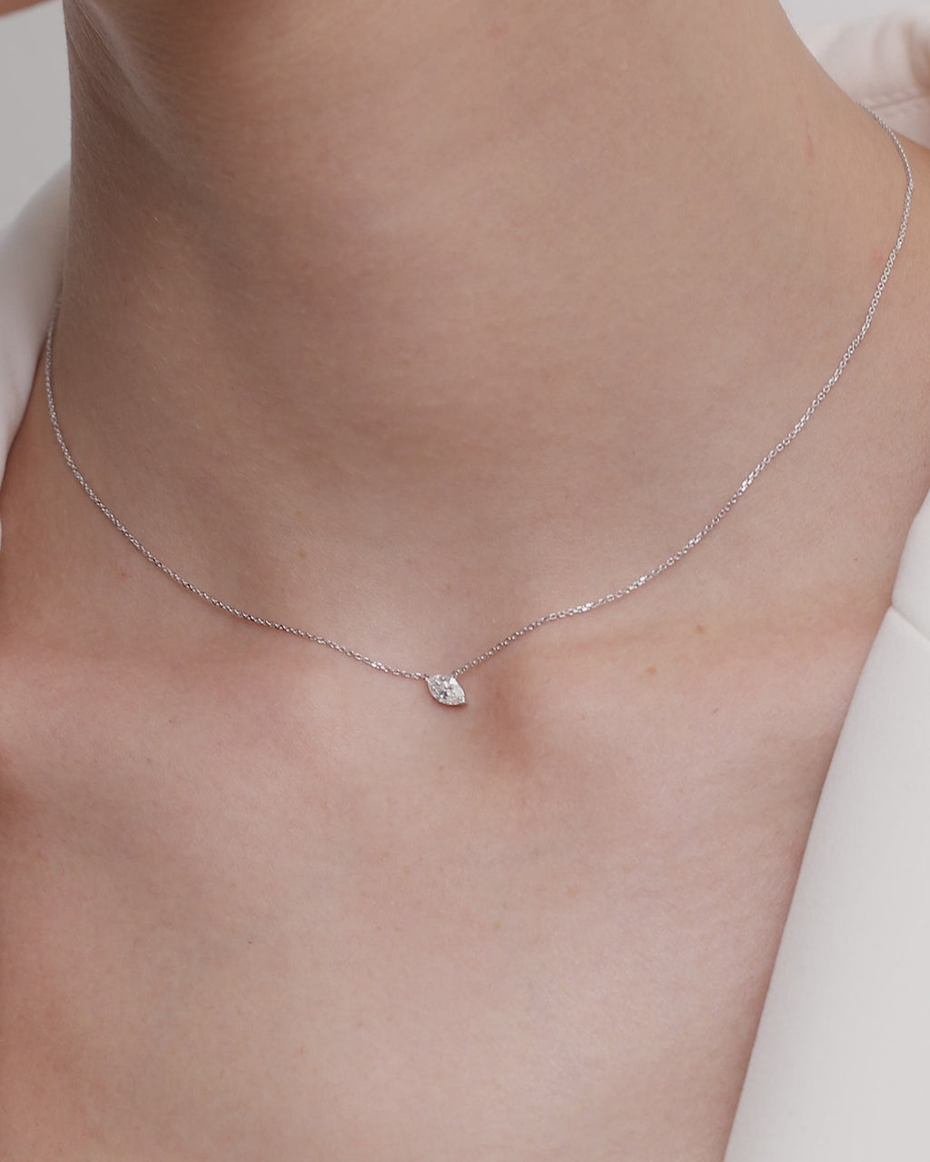 SARAH & SEBASTIAN Solitaire Marquise Diamond Necklace in White Gold — detail view