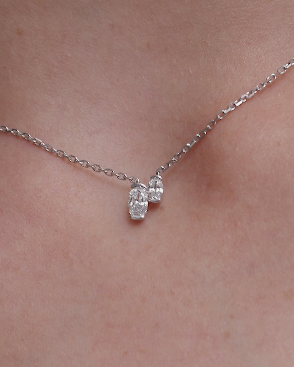 SARAH & SEBASTIAN Petite Oval Toi Et Moi Necklace in White Gold — detail view