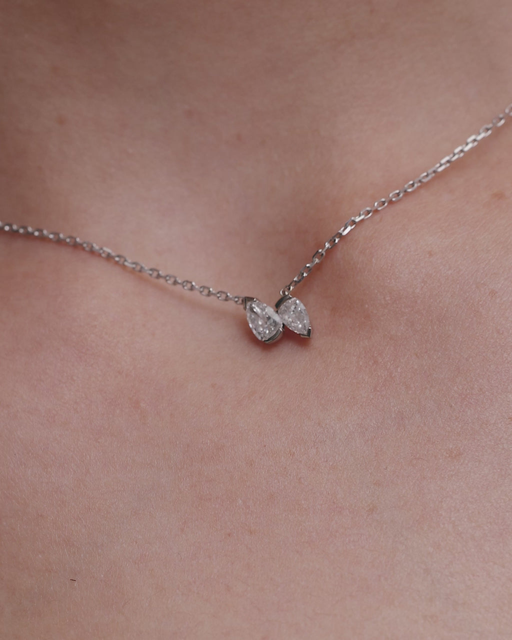 SARAH & SEBASTIAN Petite Pear Toi Et Moi Necklace in White Gold — detail view