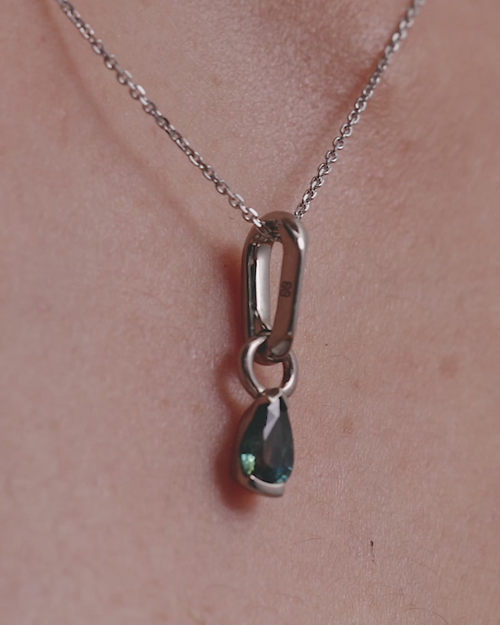 SARAH & SEBASTIAN Petite Teal Sapphire Carabiner Charm in White Gold — detail view